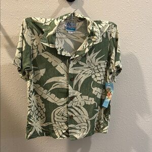 Tropical Green and Cream Button Down Shirt